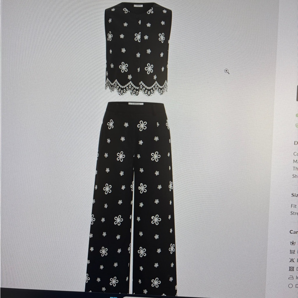 Commense Black Wide-Leg Pants with White Floral Appliqué